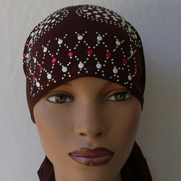 BROWN Pre-Tied Stud Chemo Cap Slip On Bonnet Hijab Undercap #3 - Picture 3 of 4